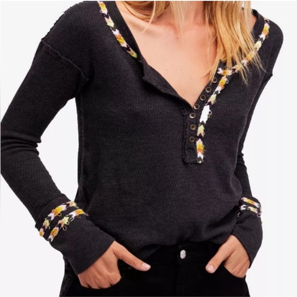 Free People Black Henley Sweater with Yellow & White Embroidered Trim